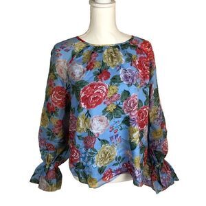 Divine Heritage Revolve XS Floral Blouse 100% Silk in Sky